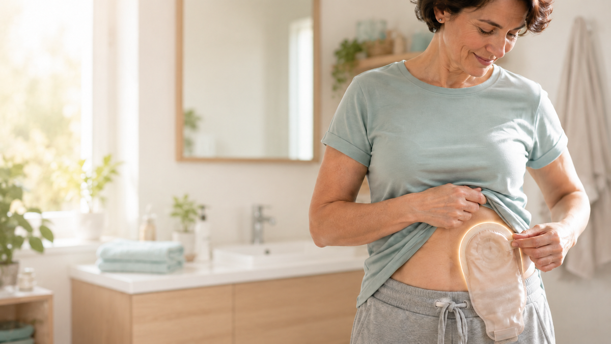 Person preparing clean ostomy pouching supplies at home.