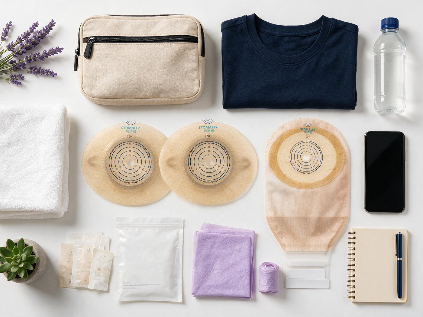 Discreet day kit with generic ostomy pouching supplies and personal items
