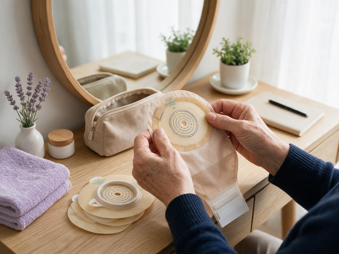 Adult organizing generic ostomy care supplies for an everyday routine