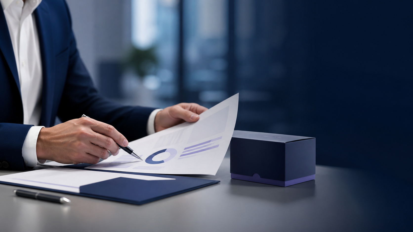 Business professional reviewing product information