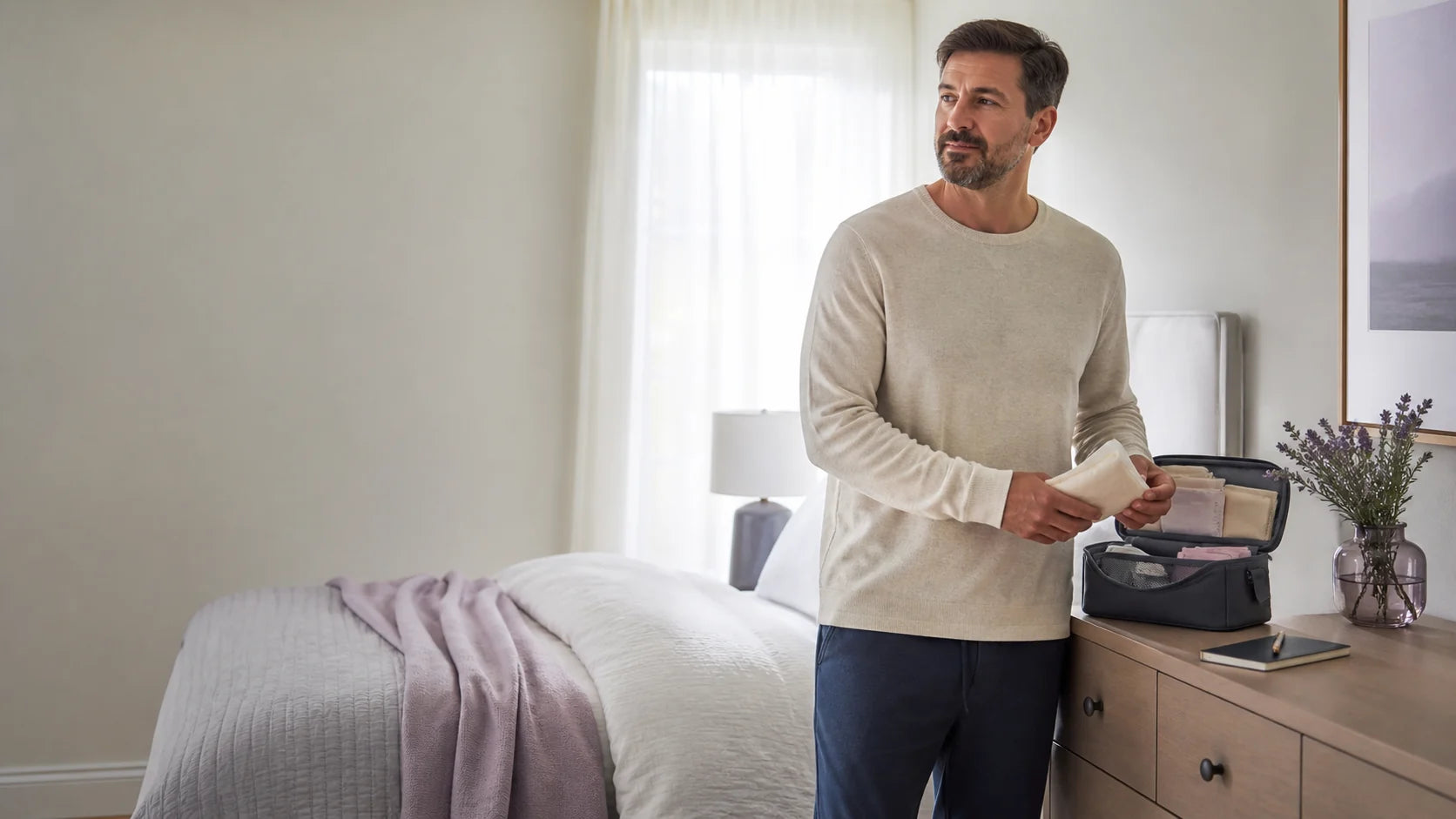 Adult preparing a discreet everyday ostomy care kit at home