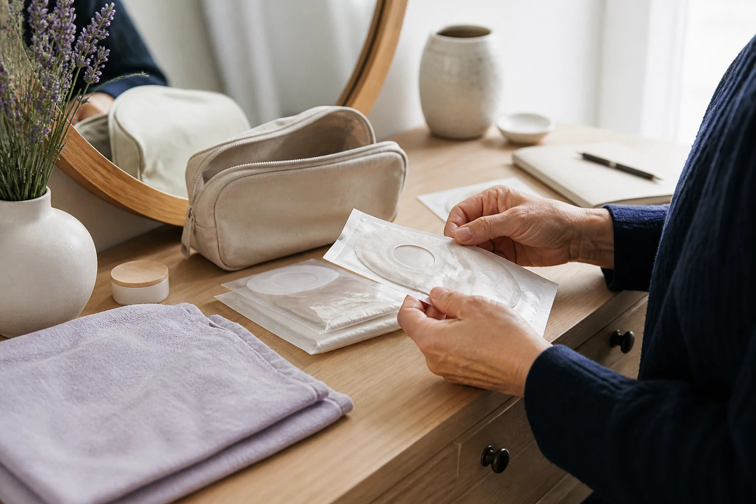 Adult organizing generic ostomy care supplies for an everyday routine