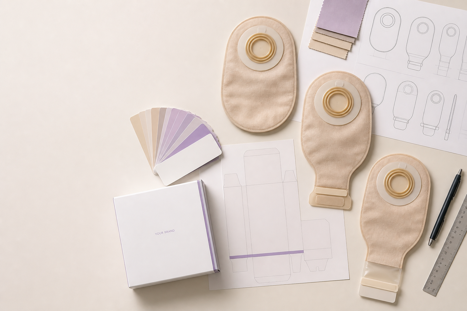STOMALLY ostomy care products in a clean editorial studio setting